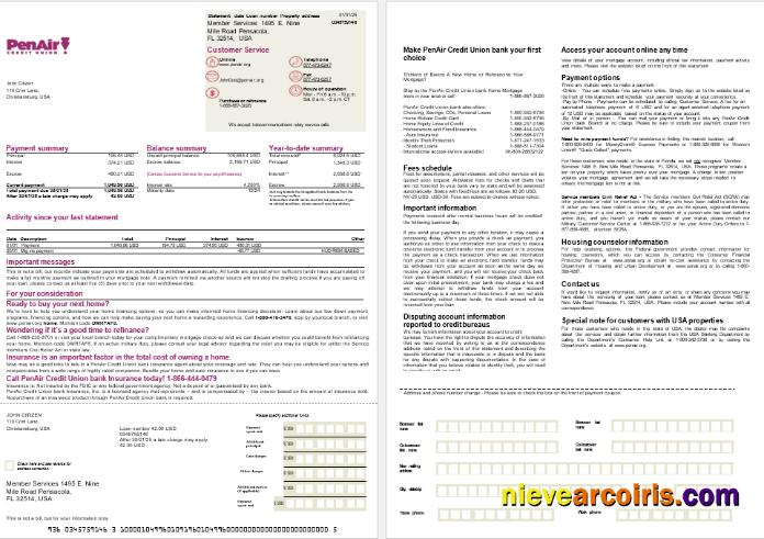 USA Florida PenAir Credit Union bank mortgage statement, 2 pages